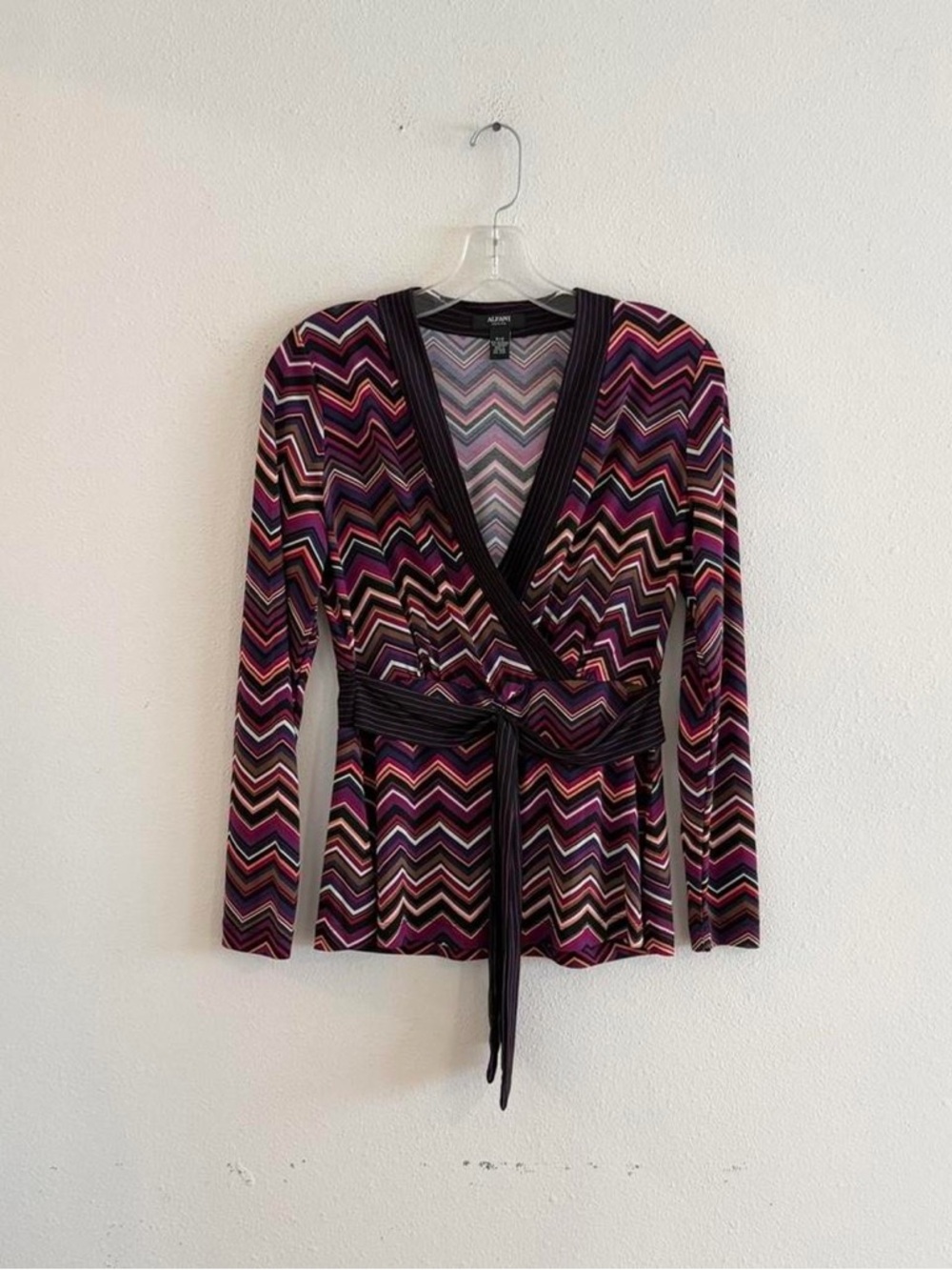 Alfani Petite Chevron Wrap Top in Purple, Pink & Black